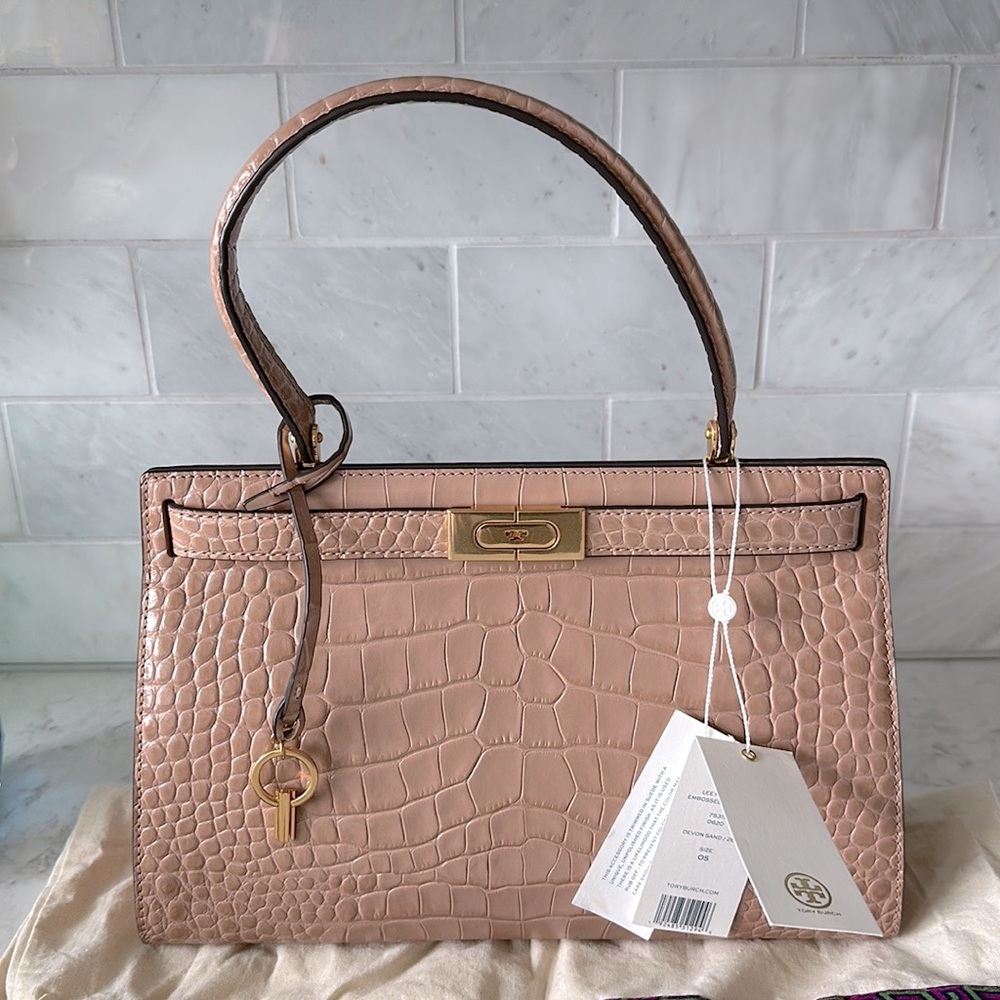 NWT Tory Burch Lee Radziwill Croc Embossed Small Leather Satchel Crossbody Bag